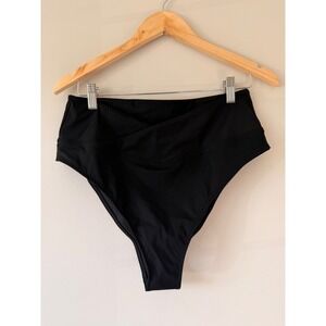 Fabletics Womens High Waisted Cross Over Swim Bottom Black Bikini Large NEW